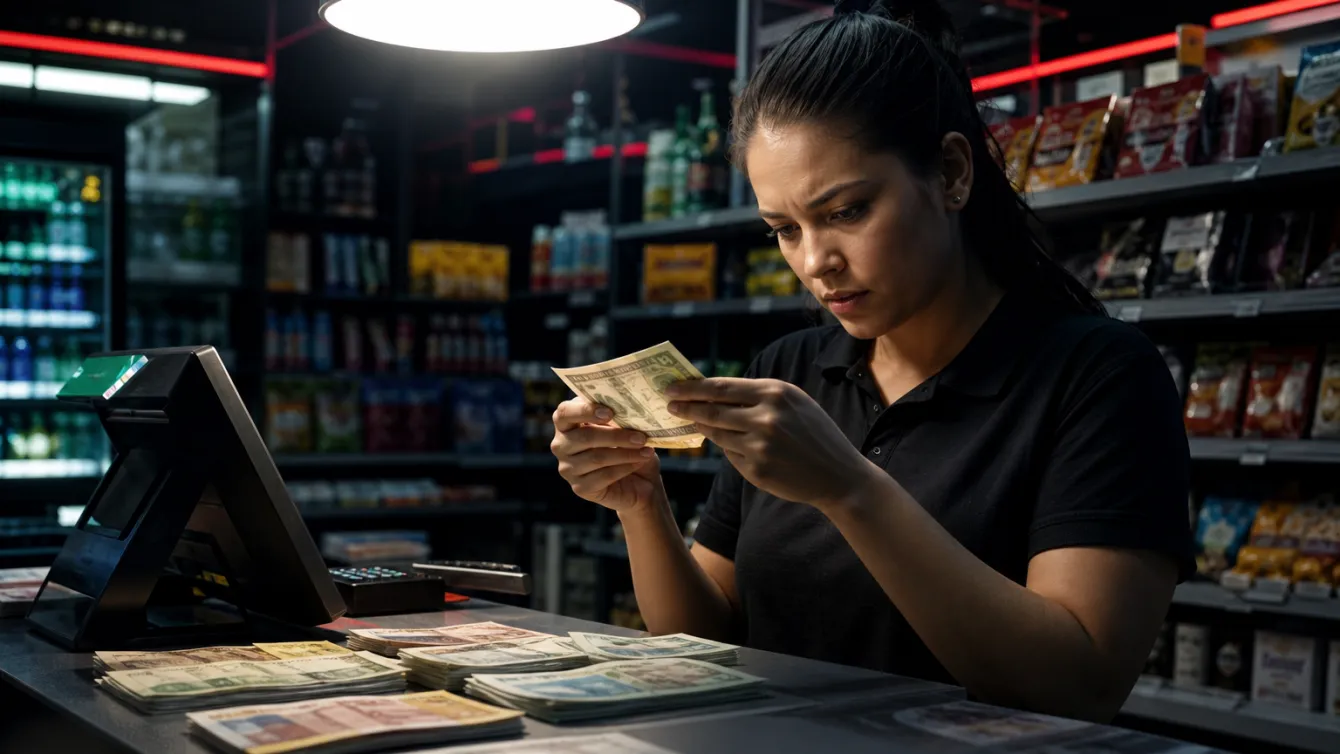A cashier inspecting banknotes at a retail counter under bright light