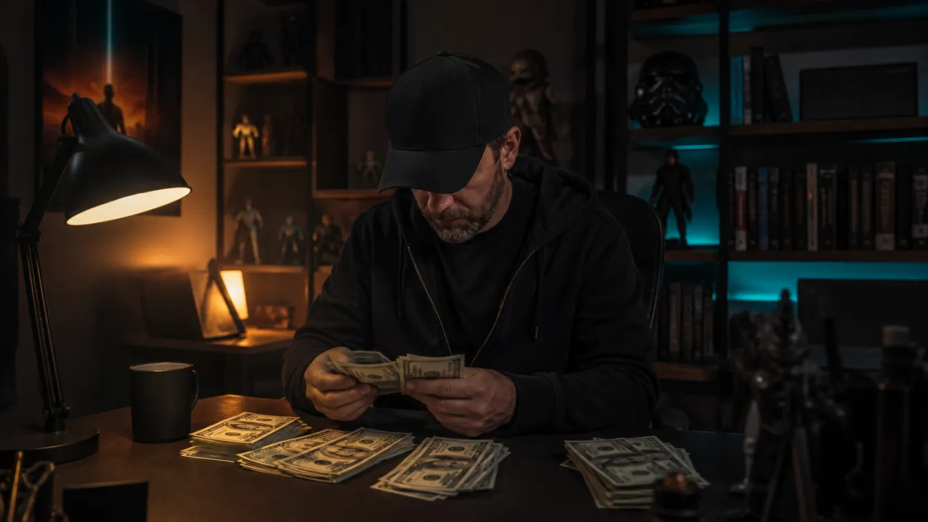 A person counting realistic prop money in a cozy home office setting.