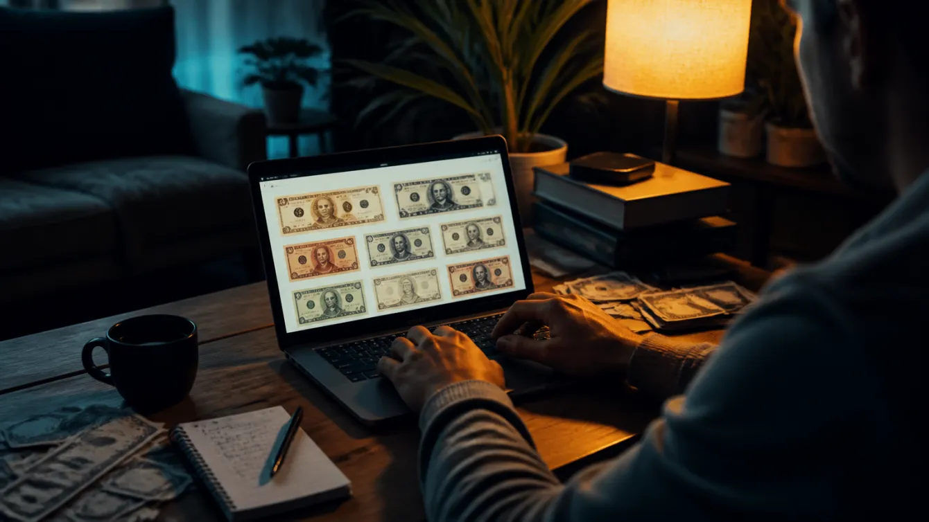 A person examining prop money options on a laptop in a cozy living room.