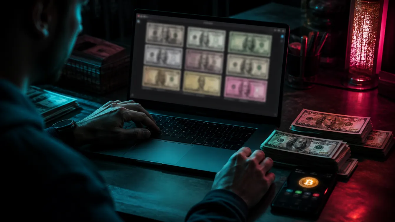 A person buying counterfeit money online with fake bills on the table