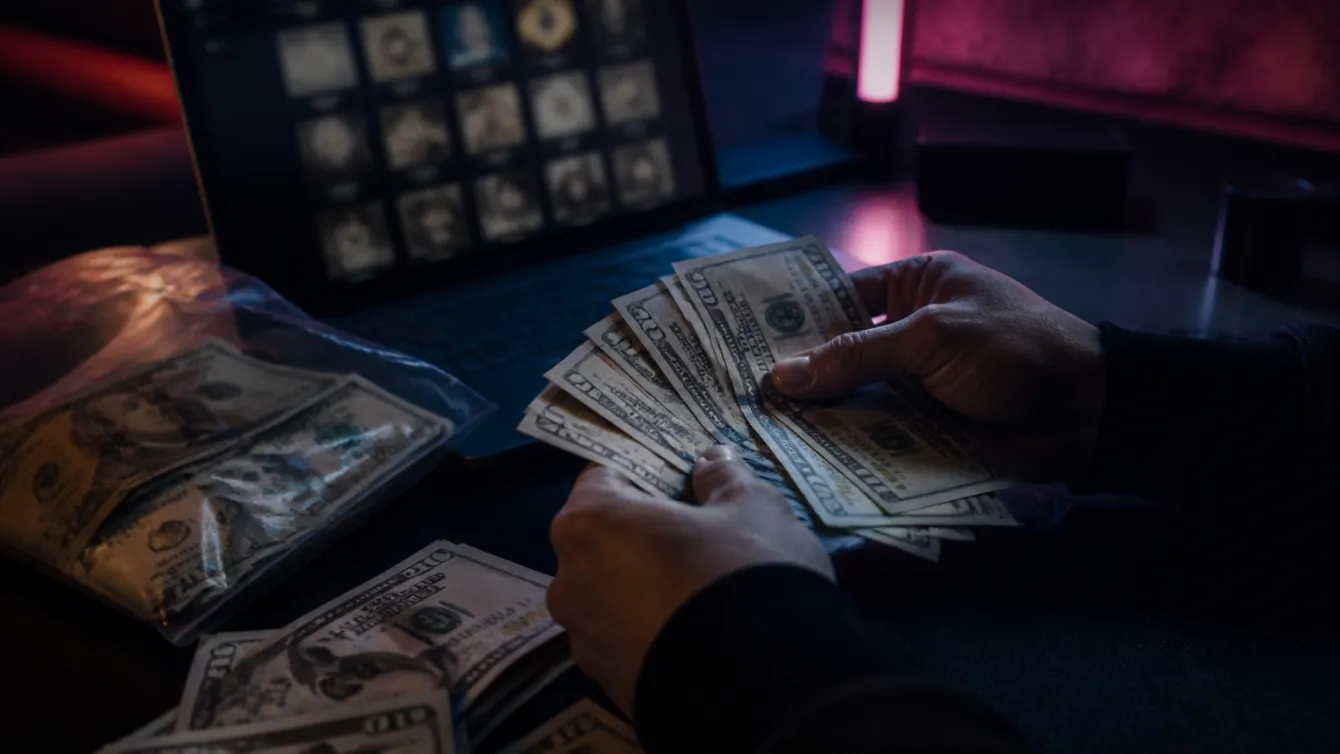 A person counting counterfeit $20 bills in a modern workspace