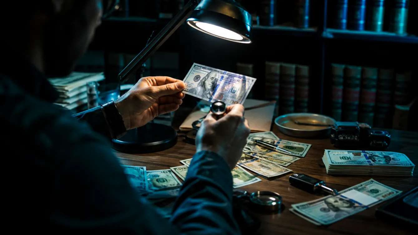 A person inspecting counterfeit banknotes under a lamp in a dim room.