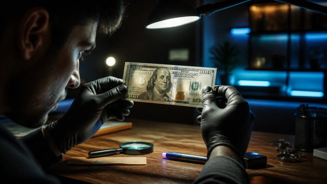 A person examining a 1996 $100 bill for security features, tools nearby