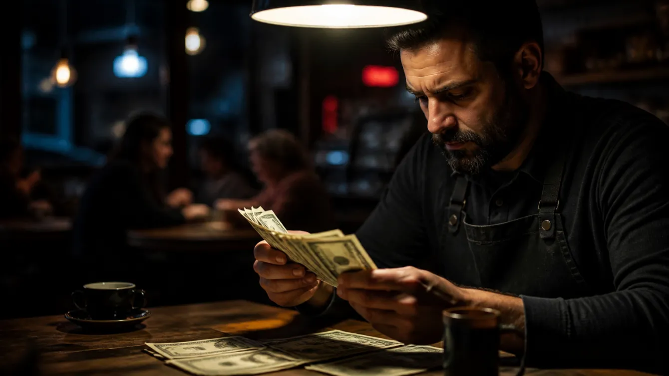 A small business owner inspecting a stack of dollar bills in a café setting.