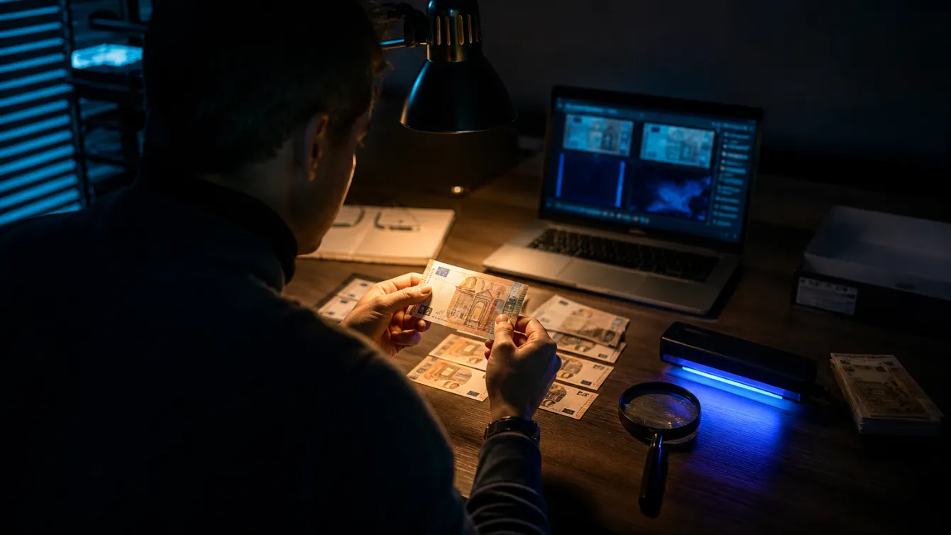 a person examining counterfeit euro banknotes with a magnifying glass and UV light