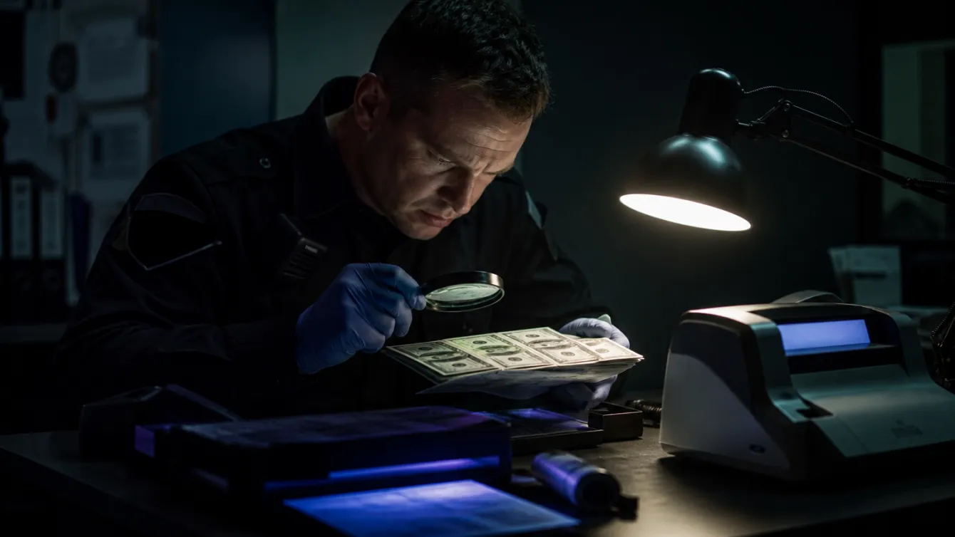 A law enforcement officer inspecting counterfeit bills with a magnifying glass