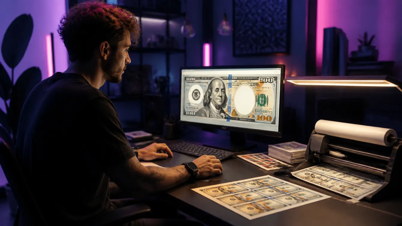 A designer creating a fake $100 bill template in a modern studio