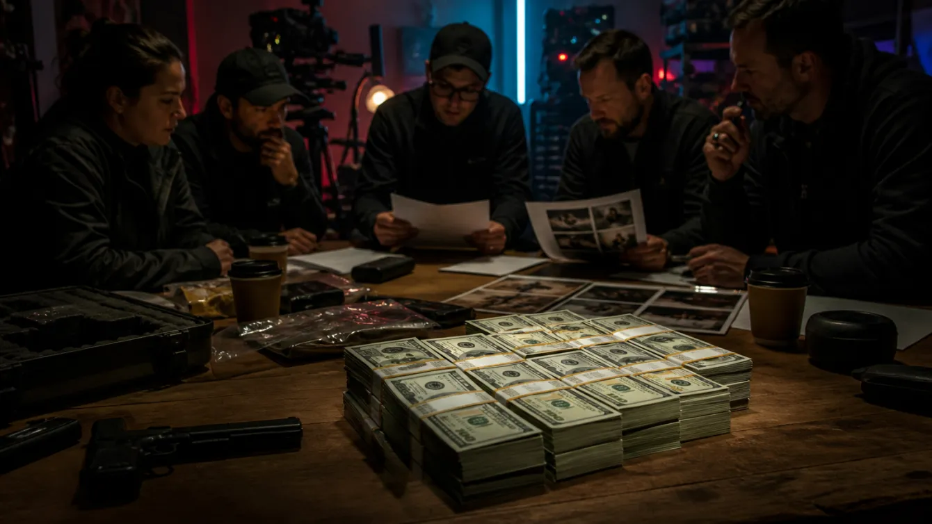 Film crew discussing realistic prop money on a set with dim lighting.