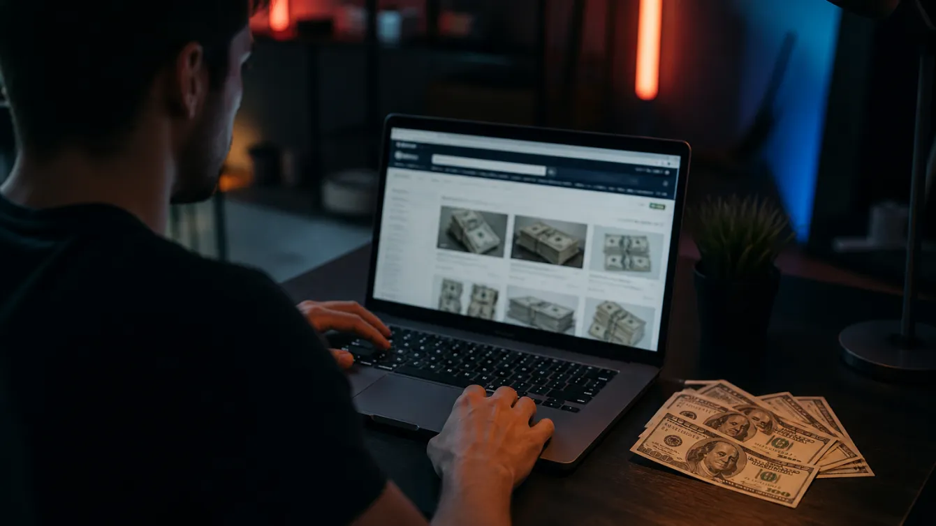 A person browsing Amazon with realistic fake $100 bills on the desk.