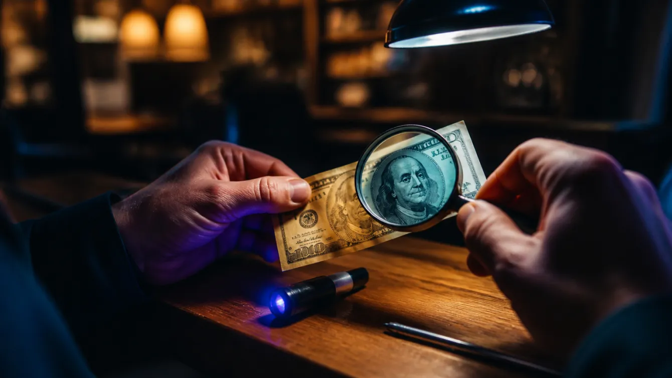 A person scrutinizing an old $100 bill with a magnifying glass at a café table.