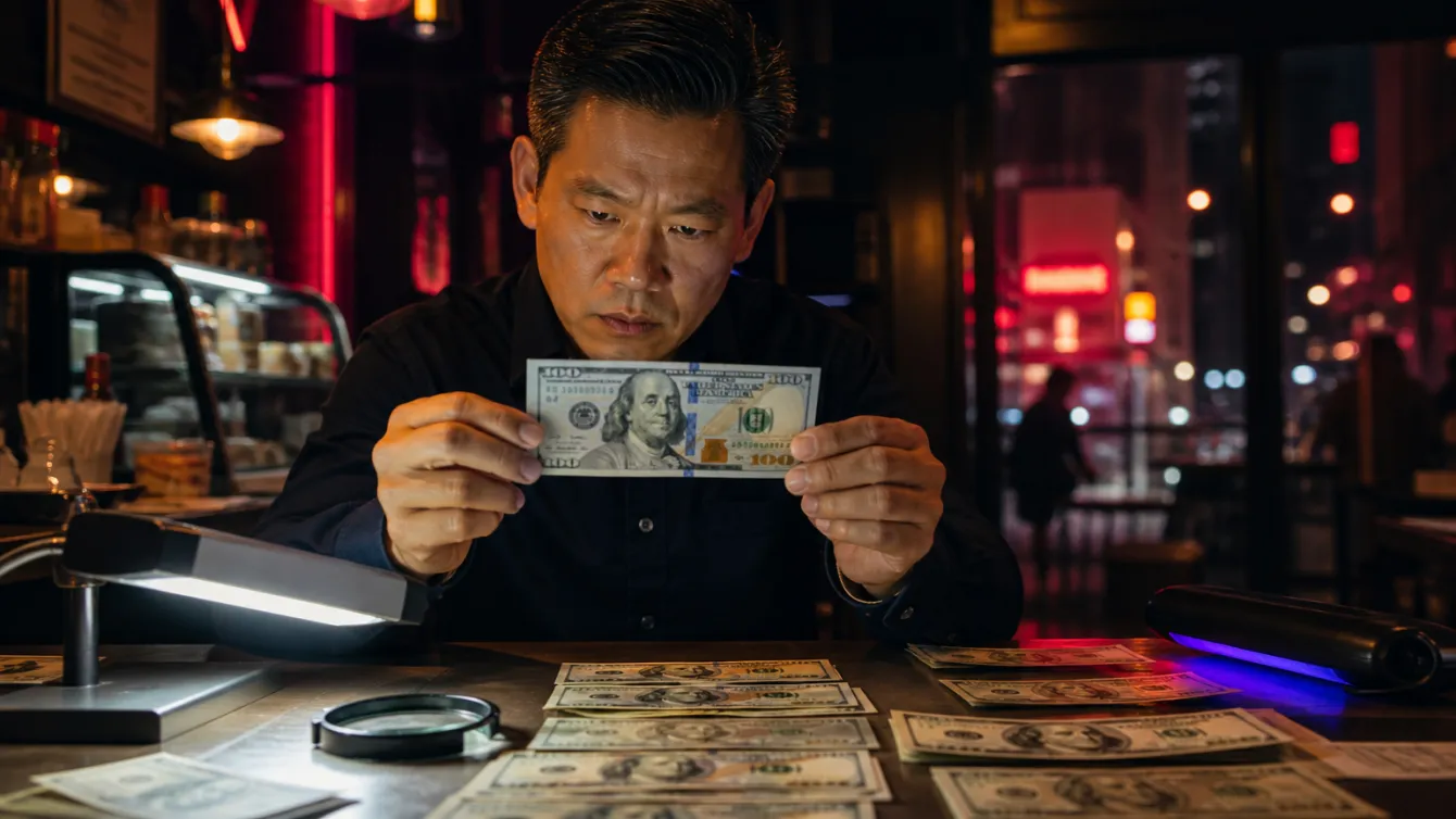 A small business owner inspecting a $100 bill under bright light in a cafe.