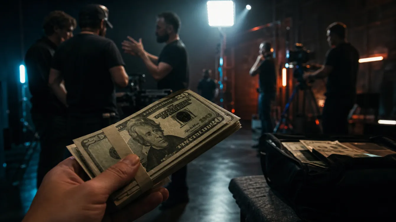 A film crew handling prop $20 bills during a movie shoot