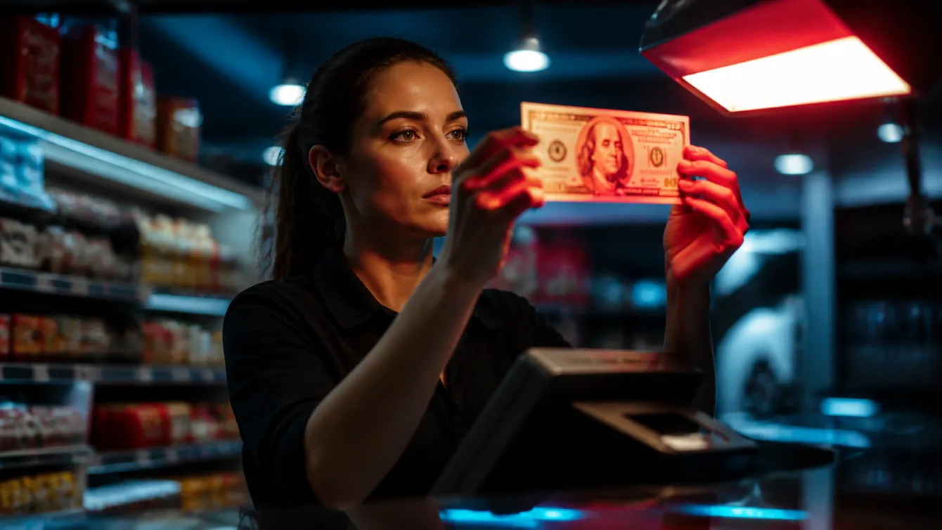 A cashier checking a $100 banknote for security features in a retail store.
