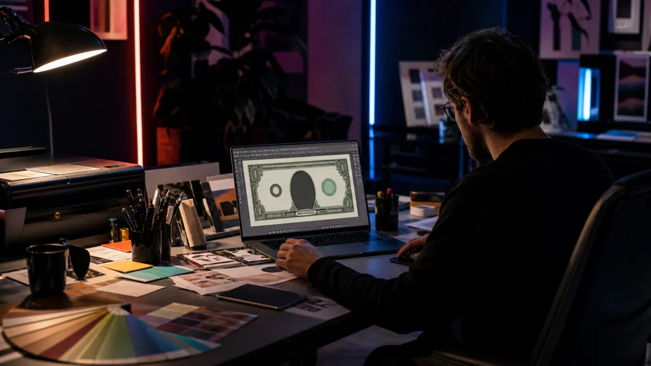 A designer working on fake dollar bill templates in a creative workspace.