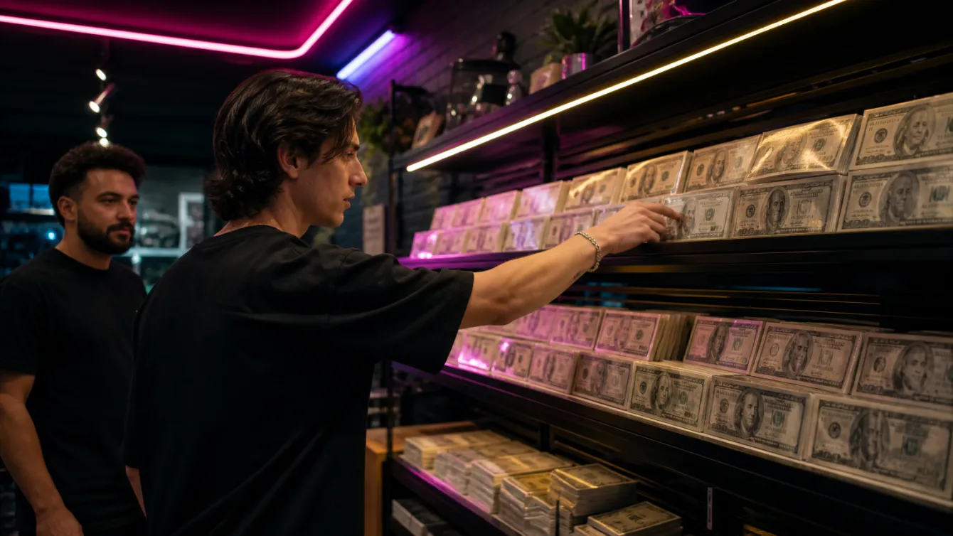 A customer reaching for realistic prop money in a local store.
