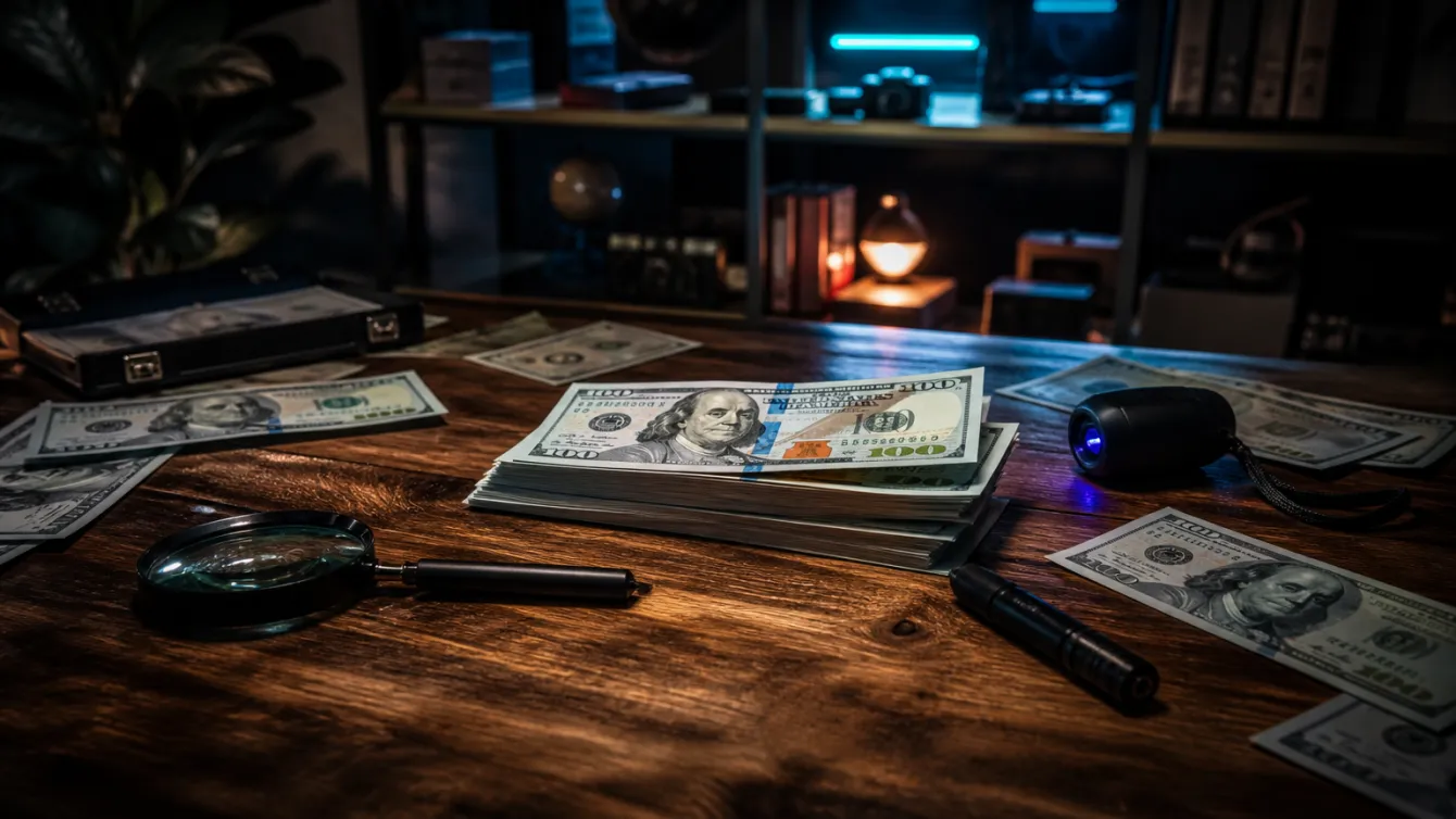 A workspace with realistic fake 100 dollar bills, a magnifying glass, and detection tools.