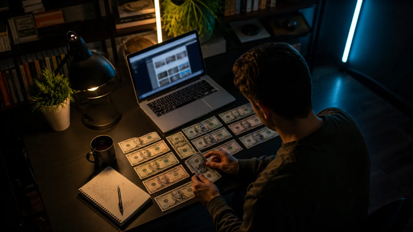 A person comparing realistic fake money bills in a home office setting.