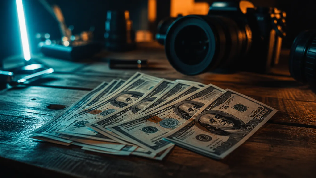Realistic prop money bills displayed on a table with photography equipment