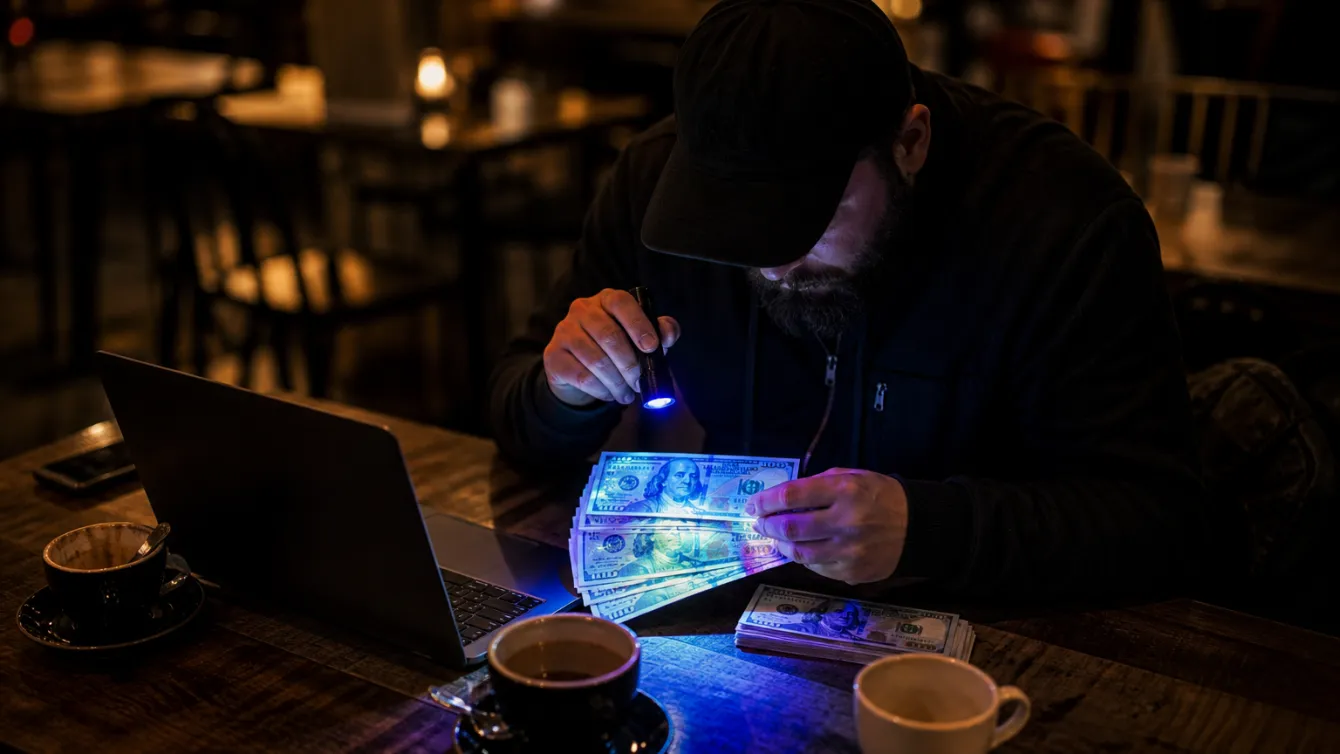 A person examining counterfeit bills under UV light in a cafe.