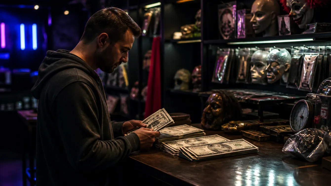 A shopper inspecting realistic prop money on a table in a store