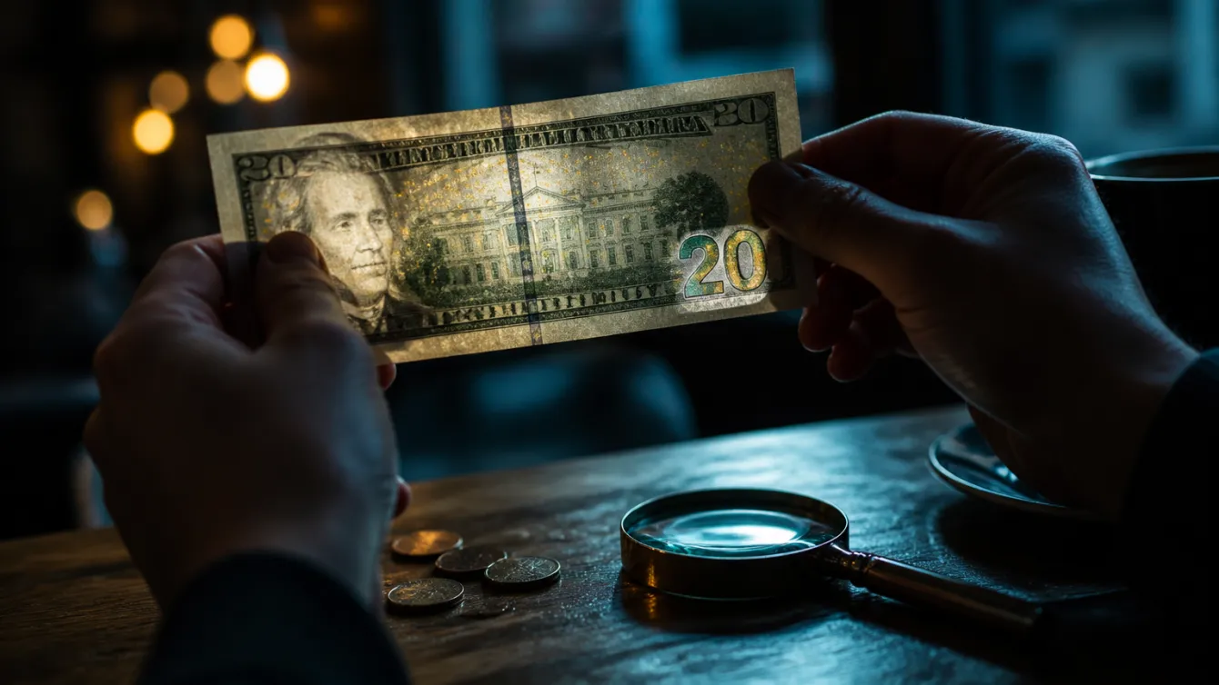 A hand inspecting a $20 bill under bright light, highlighting its security features.