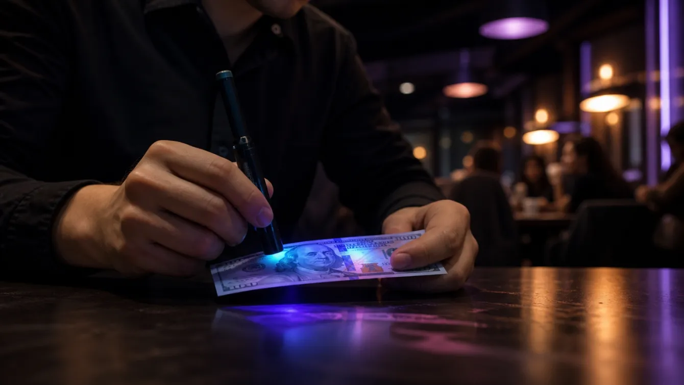 A person inspecting a $100 bill with a counterfeit detection pen in a cafe