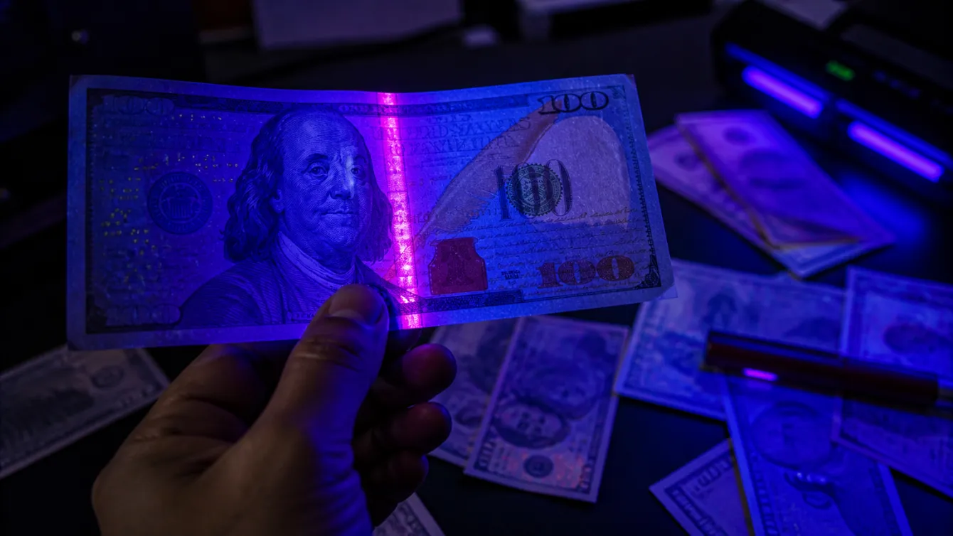 A hand inspecting a $100 bill under ultraviolet light for authenticity.