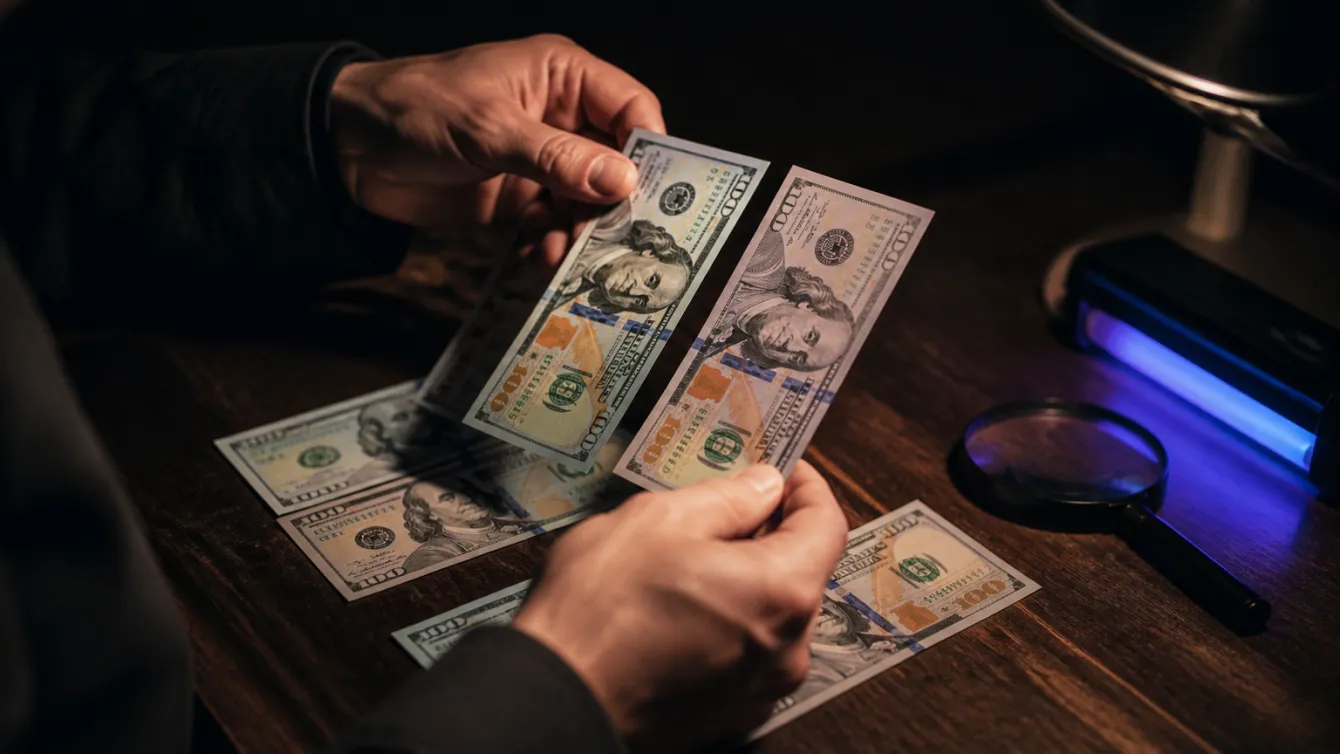 A person examining genuine and counterfeit banknotes on a wooden table