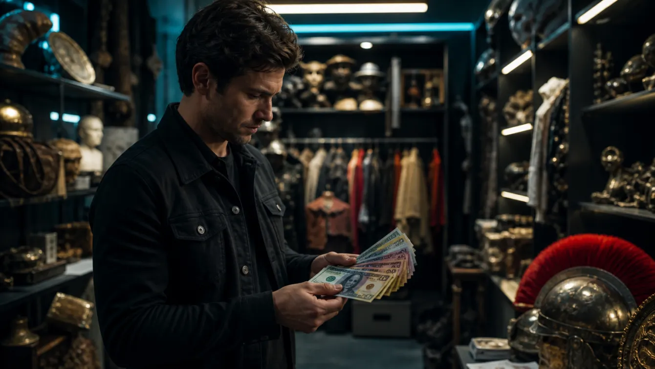 A person inspecting realistic Australian prop money in a prop shop