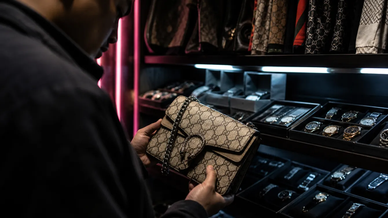 A person examining a counterfeit designer handbag in a retail store setting