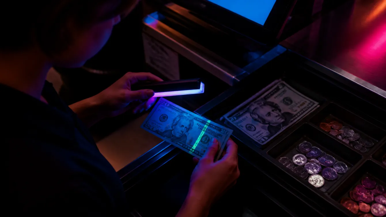 A cashier examining a $20 bill under UV light at a checkout counter.