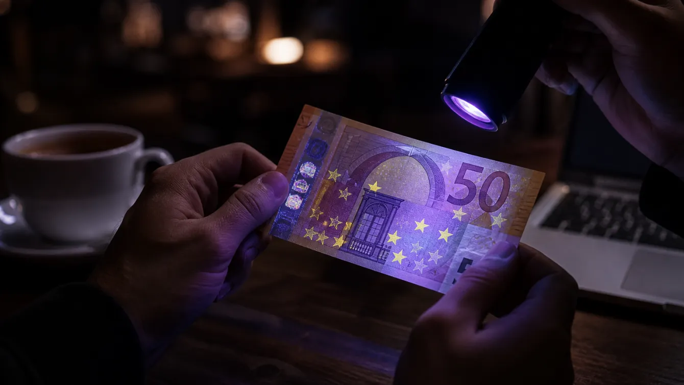 A person examining a €50 Euro banknote under UV light in a café.