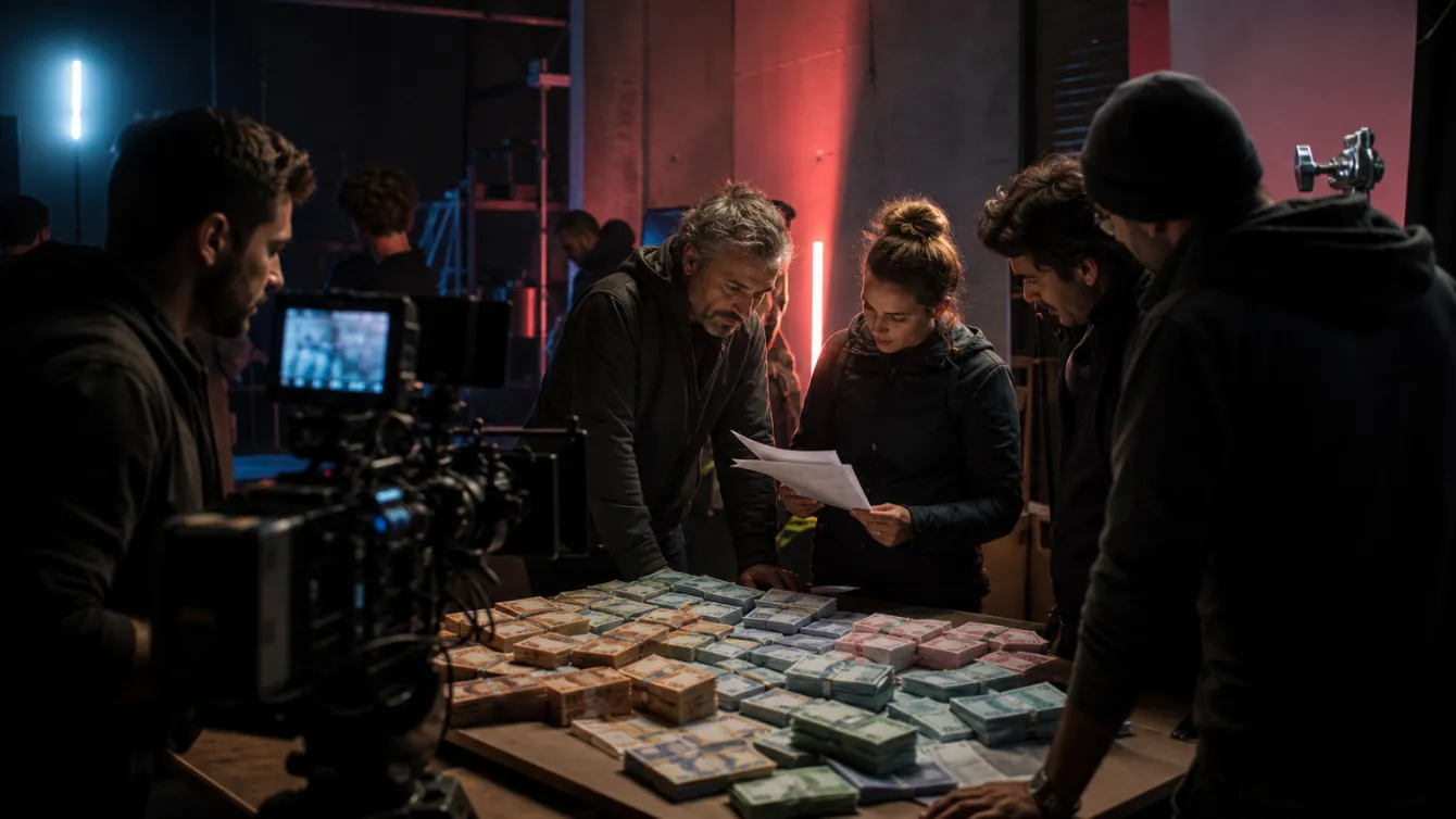 Film crew examining prop Euro money in a production studio