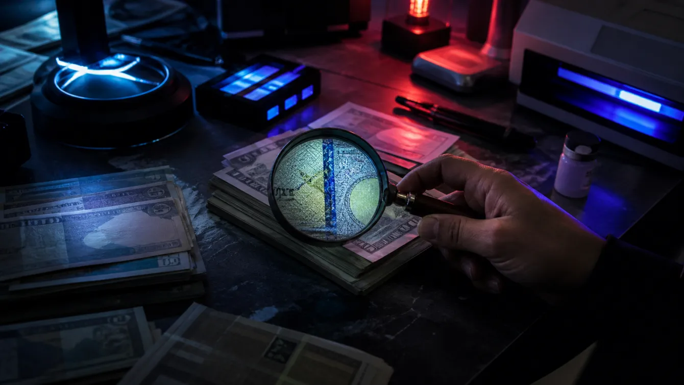 A hand inspecting counterfeit money with a magnifying glass in a dimly lit room.