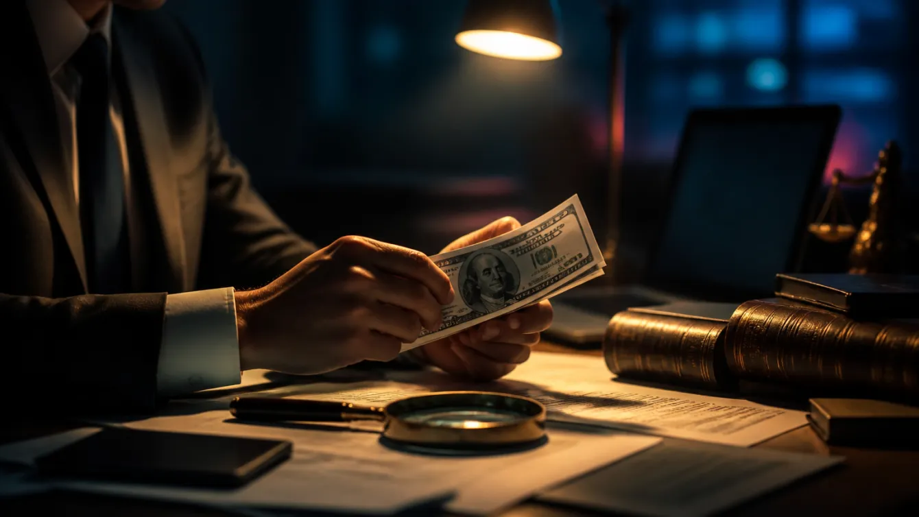 A lawyer examining counterfeit bills in a dimly lit office setting