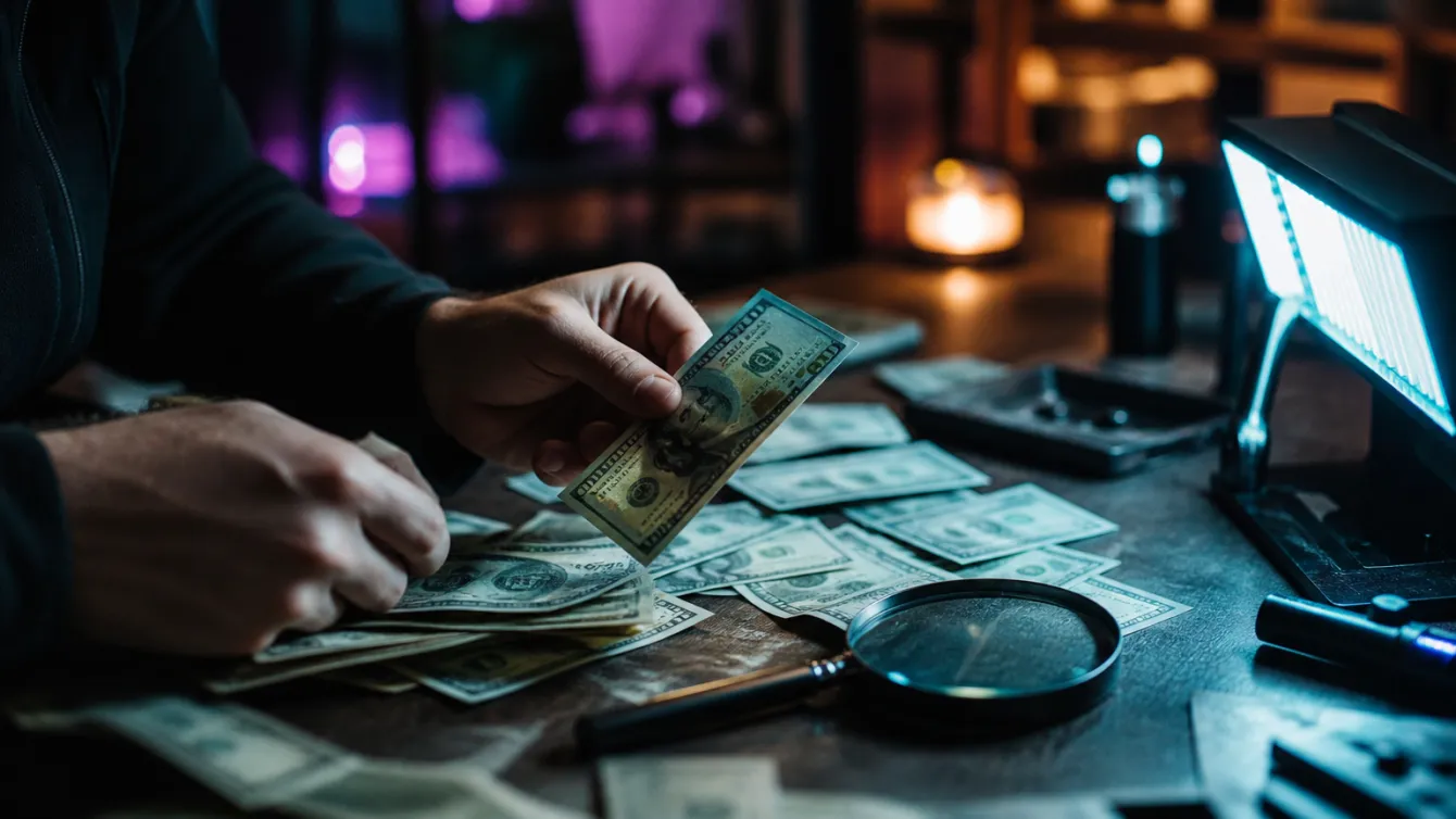 a person sorting various types of fake dollar bills on a table