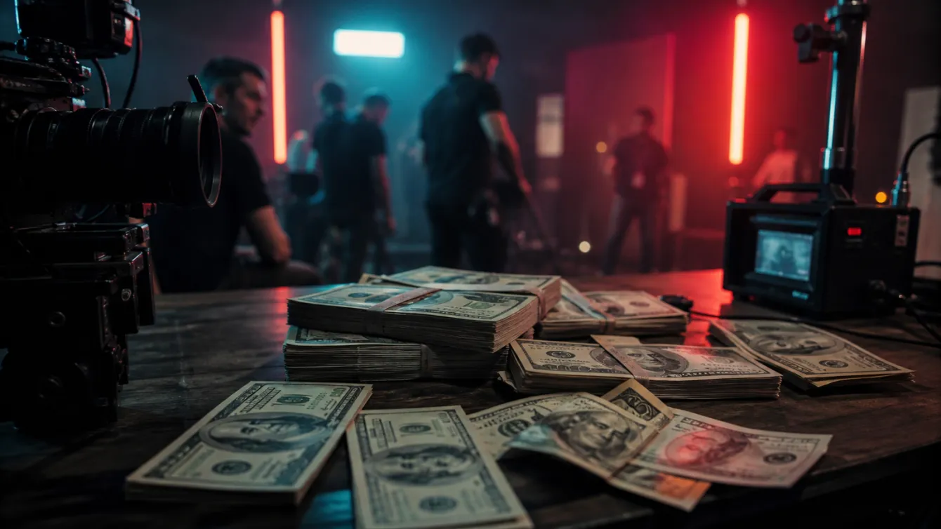 A film set table with stacks of fake prop money and production equipment.