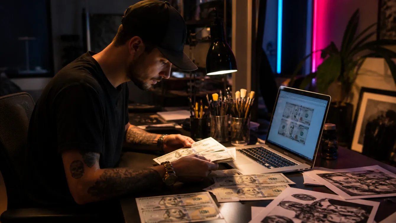 A person inspecting prop money in a creative workspace with art supplies.