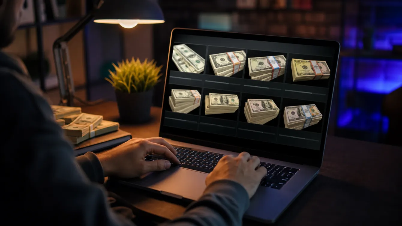 a person browsing prop money options on a laptop in a home office