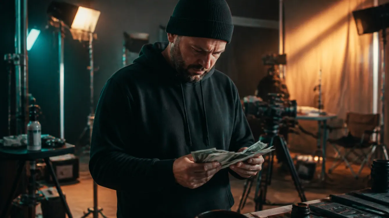 A filmmaker inspecting realistic prop money in a studio setting