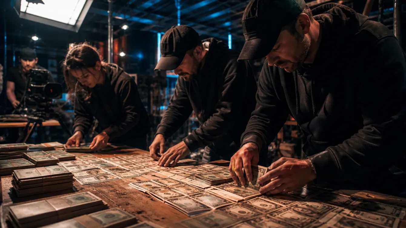 A film crew arranging realistic prop money on a busy set